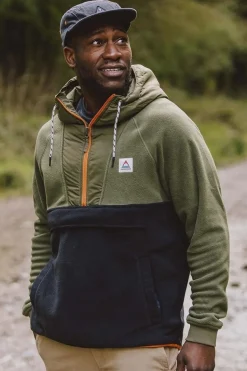 Outlet Passenger Clothing ltd Fleece Woodland Hooded 1/2 Zip Recycled Polar True Black / Khaki