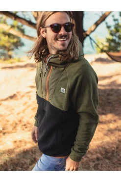 Outlet Passenger Clothing ltd Fleece Woodland Hooded 1/2 Zip Recycled Polar True Black / Khaki