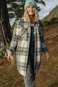 Discount Passenger Clothing ltd Fleece Cloudy Recycled Sherpa Longline Fleece Shirt Pistachio Check