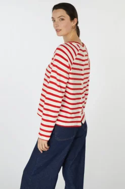 Online Tom Tailor Trui Striped Boxy T-Shirt With Buttons White Red Stripe
