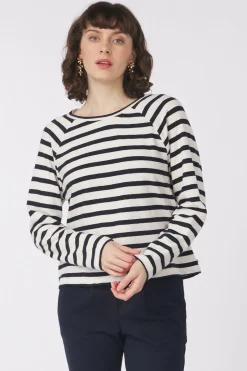 New Tom Tailor Trui Striped Boxy T-Shirt With Buttons Dark Blue Denim