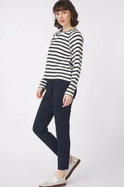 New Tom Tailor Trui Striped Boxy T-Shirt With Buttons Dark Blue Denim