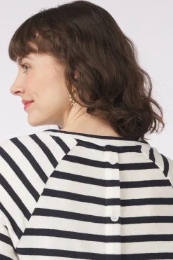 New Tom Tailor Trui Striped Boxy T-Shirt With Buttons Dark Blue Denim